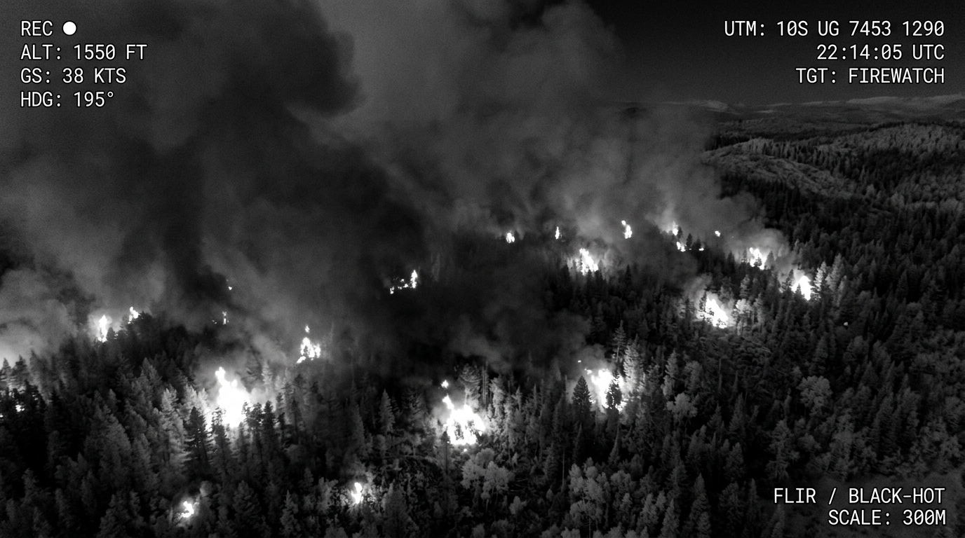 Thermal drone footage of fire hotspots