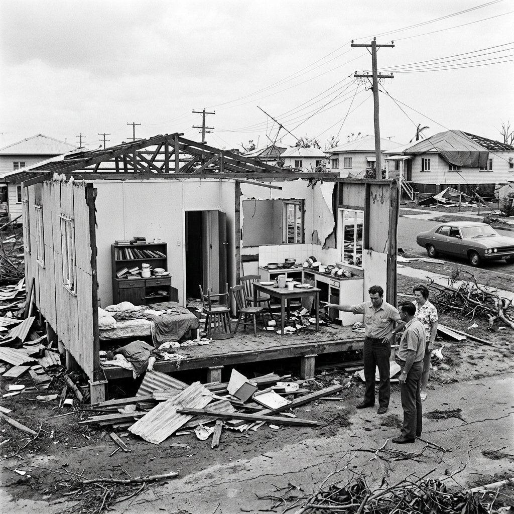 Black and white photograph of Townsville house after Cyclone Althea 1971 — walls standing but roof completely torn away, furniture and possessions exposed to sky