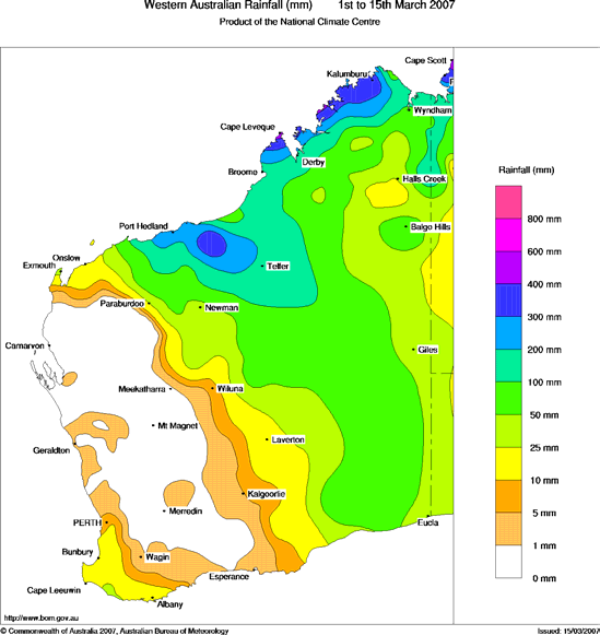 BOM rainfall map showing distribution of 200mm+ rainfall across the Pilbara