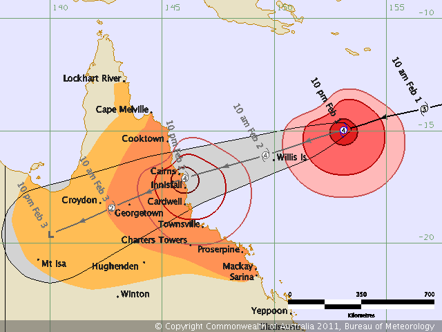 Bureau of Meteorology official forecast track chart for Cyclone Larry showing the storm's predicted path toward Innisfail, Far North Queensland, with red and orange warning cones