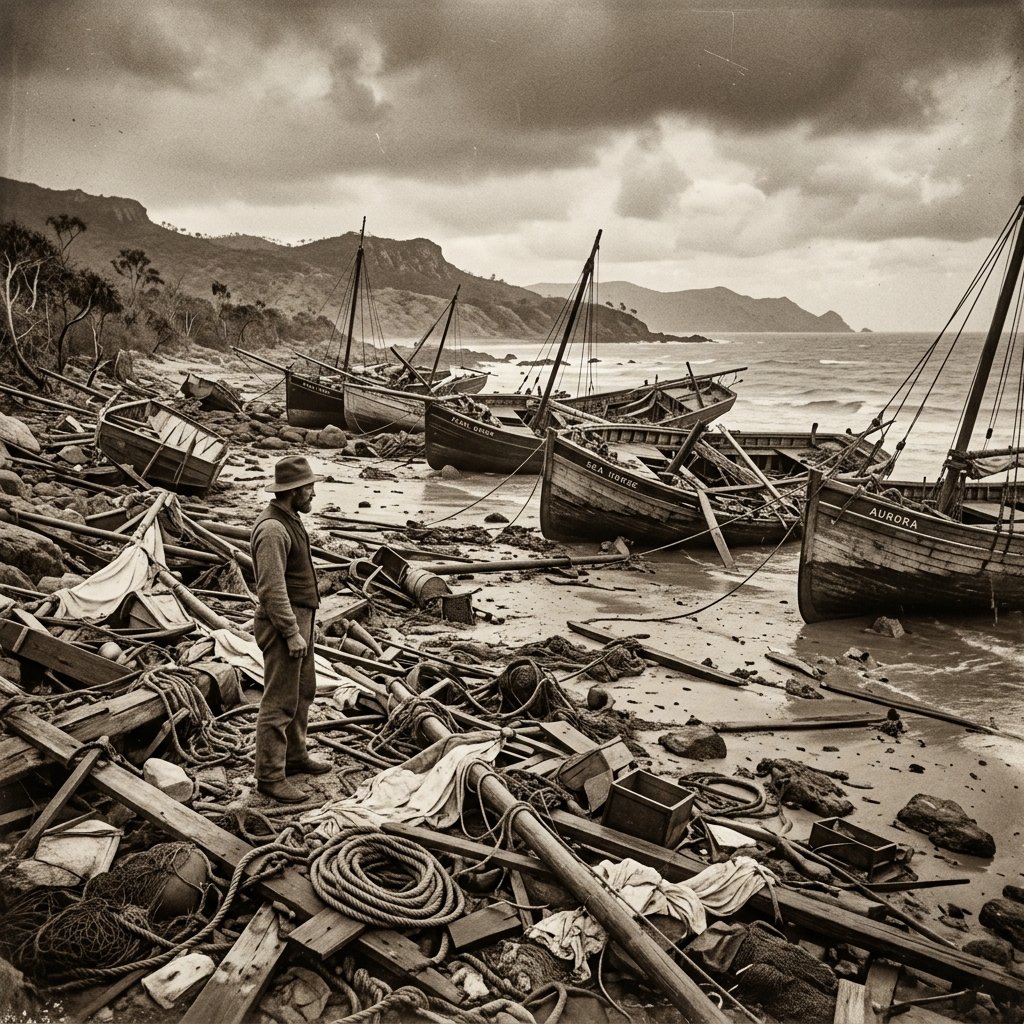 Desolate aftermath at Bathurst Bay 1899 — wrecked pearling lugger timbers and debris scattered on the shore after Cyclone Mahina