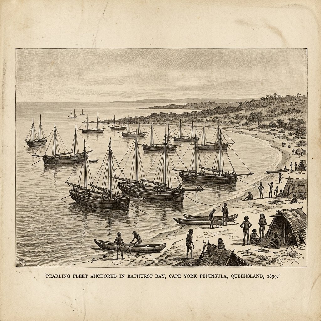Historical illustration of pearling lugger vessels anchored in a tropical Queensland bay circa 1899, calm waters before the storm