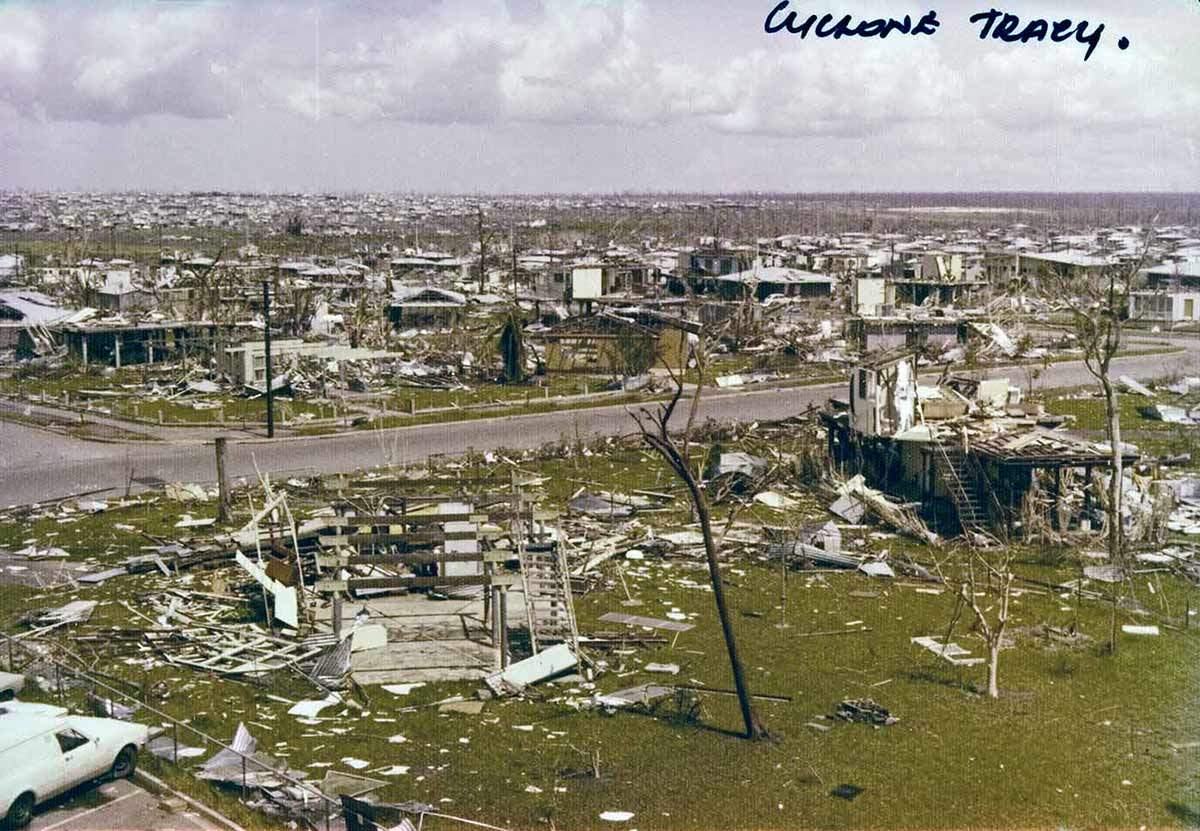 Aerial view of Darwin's northern suburbs after Cyclone Tracy — street-level devastation stretching to the horizon, hand-labelled 'Cyclone Tracy'