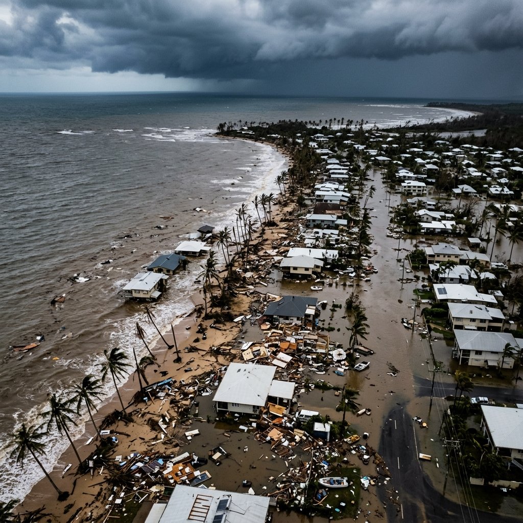 Aerial view of Mission Beach coast after Cyclone Yasi storm surge — buildings flooded, palm trees stripped bare