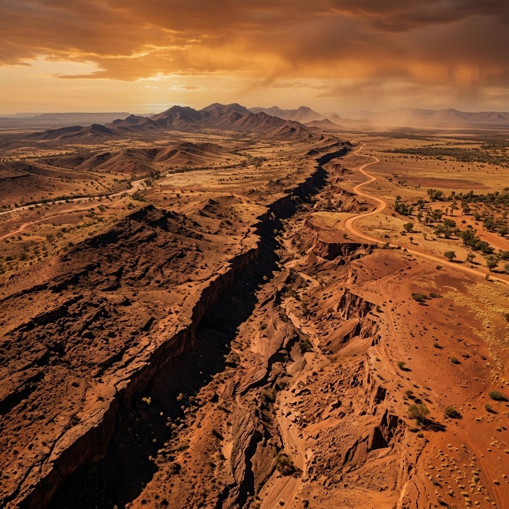 Aerial view of a fault scarp cutting through the Australian outback landscape at golden hour