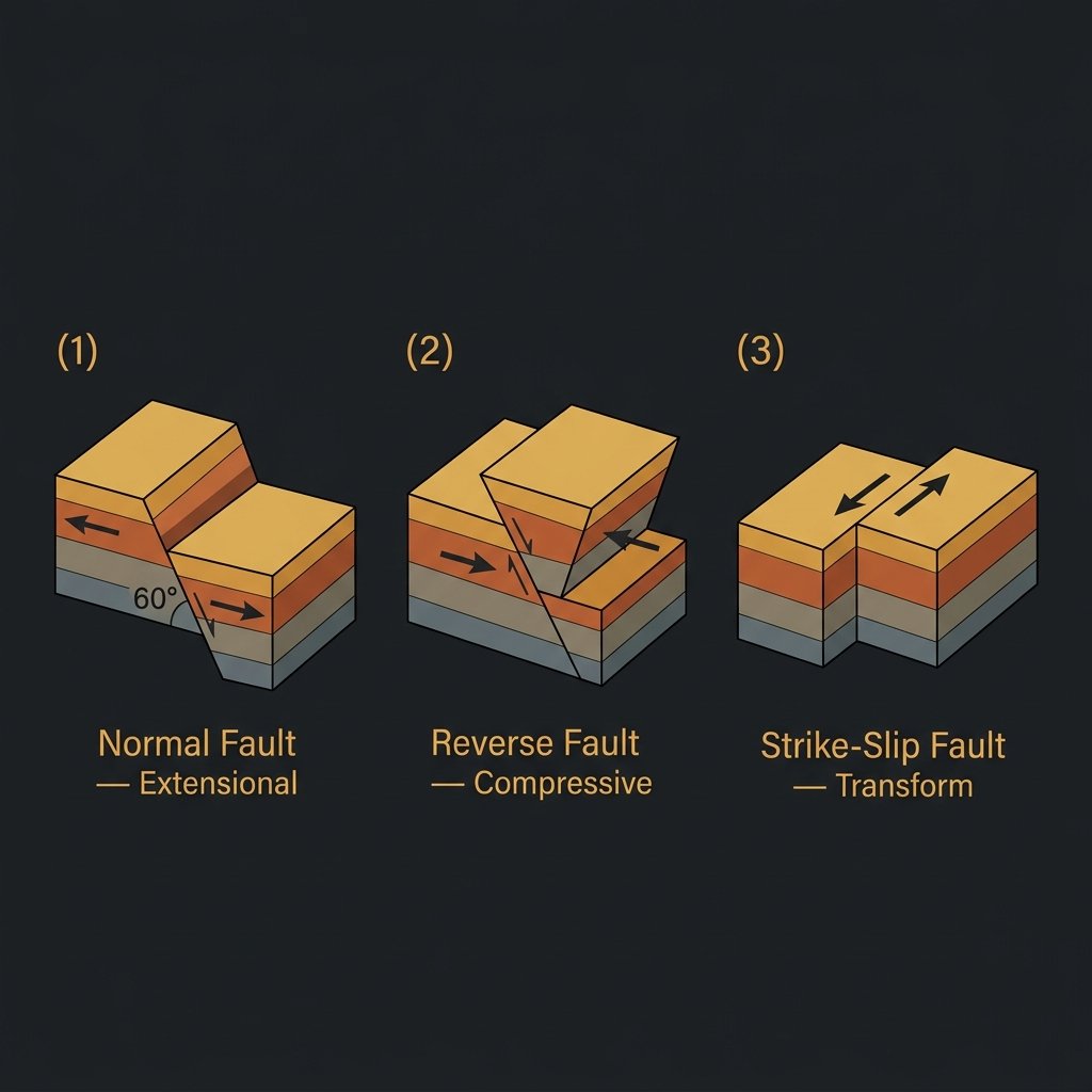 Three 3D block diagrams showing normal fault, reverse thrust fault, and strike-slip fault with stress arrows and displacement directions