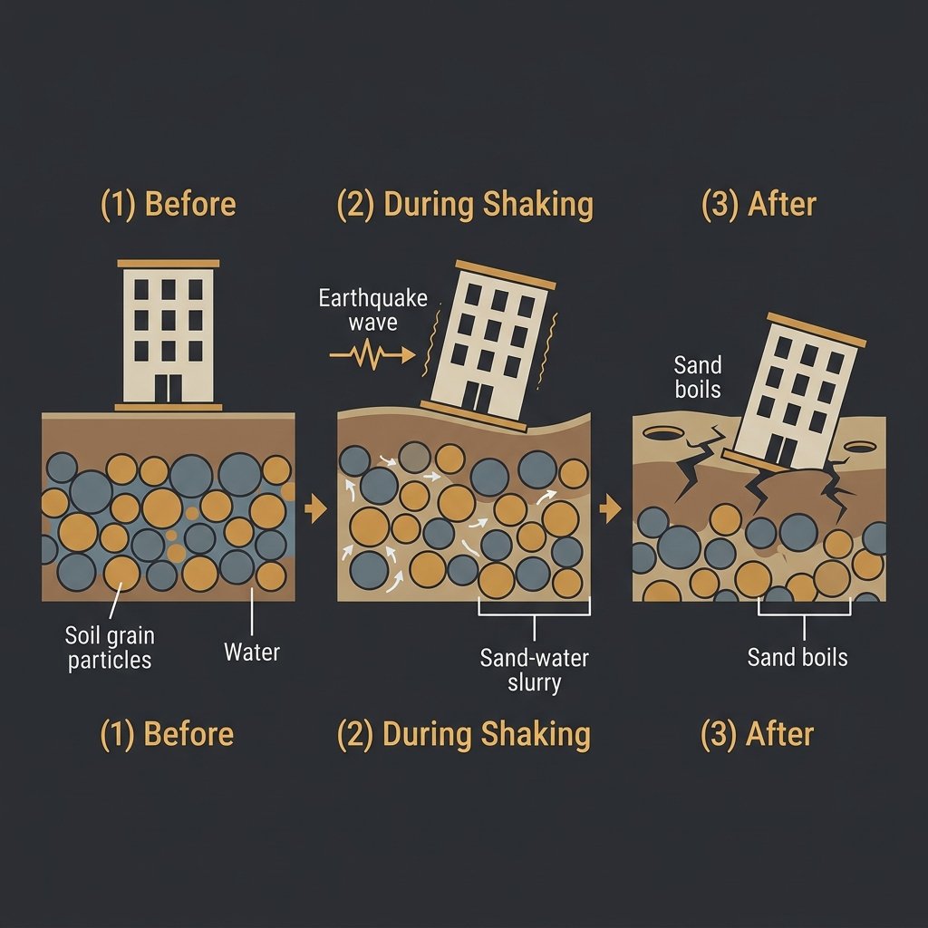 Three-panel diagram showing soil and building before, during, and after liquefaction — including sand boils venting at the surface