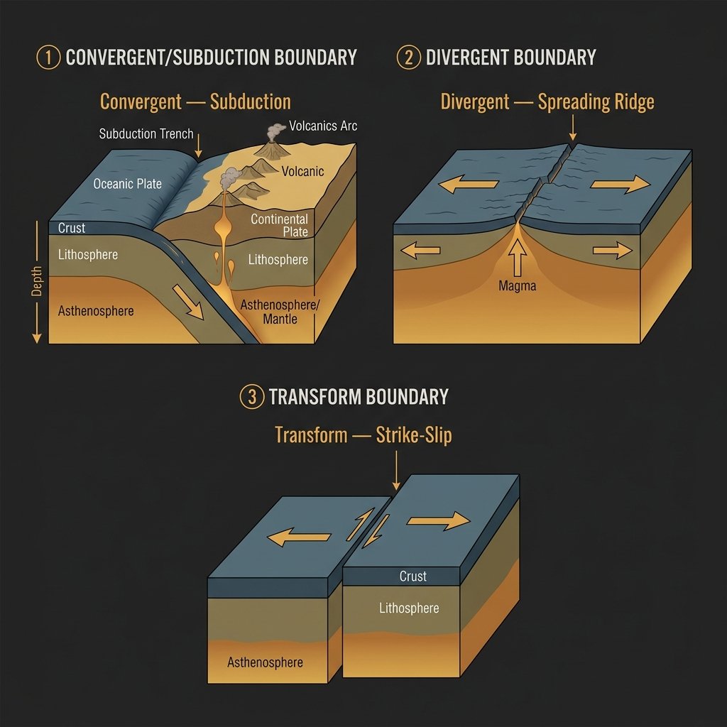 Cross-section diagrams showing convergent subduction, divergent spreading ridge, and transform plate boundaries
