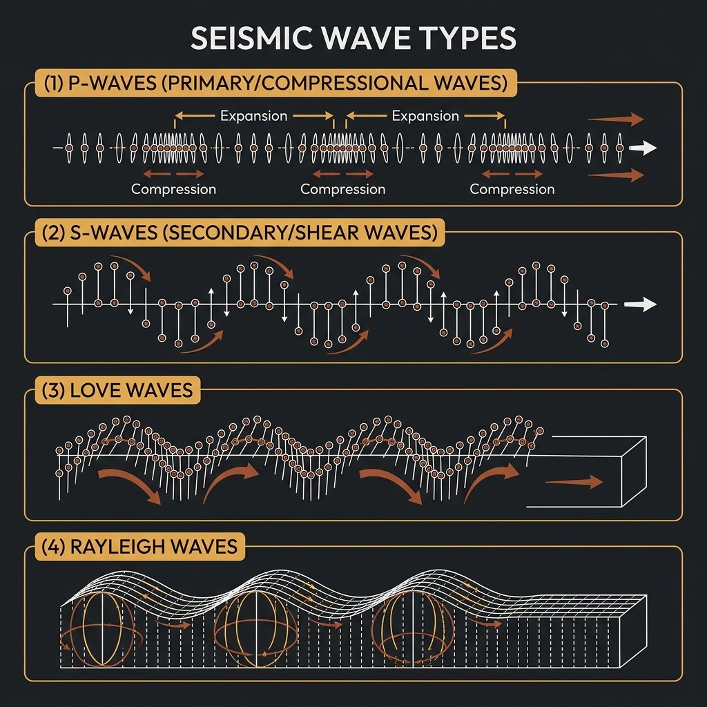 Diagram showing four types of seismic waves: P-waves, S-waves, Love waves, and Rayleigh waves with motion arrows