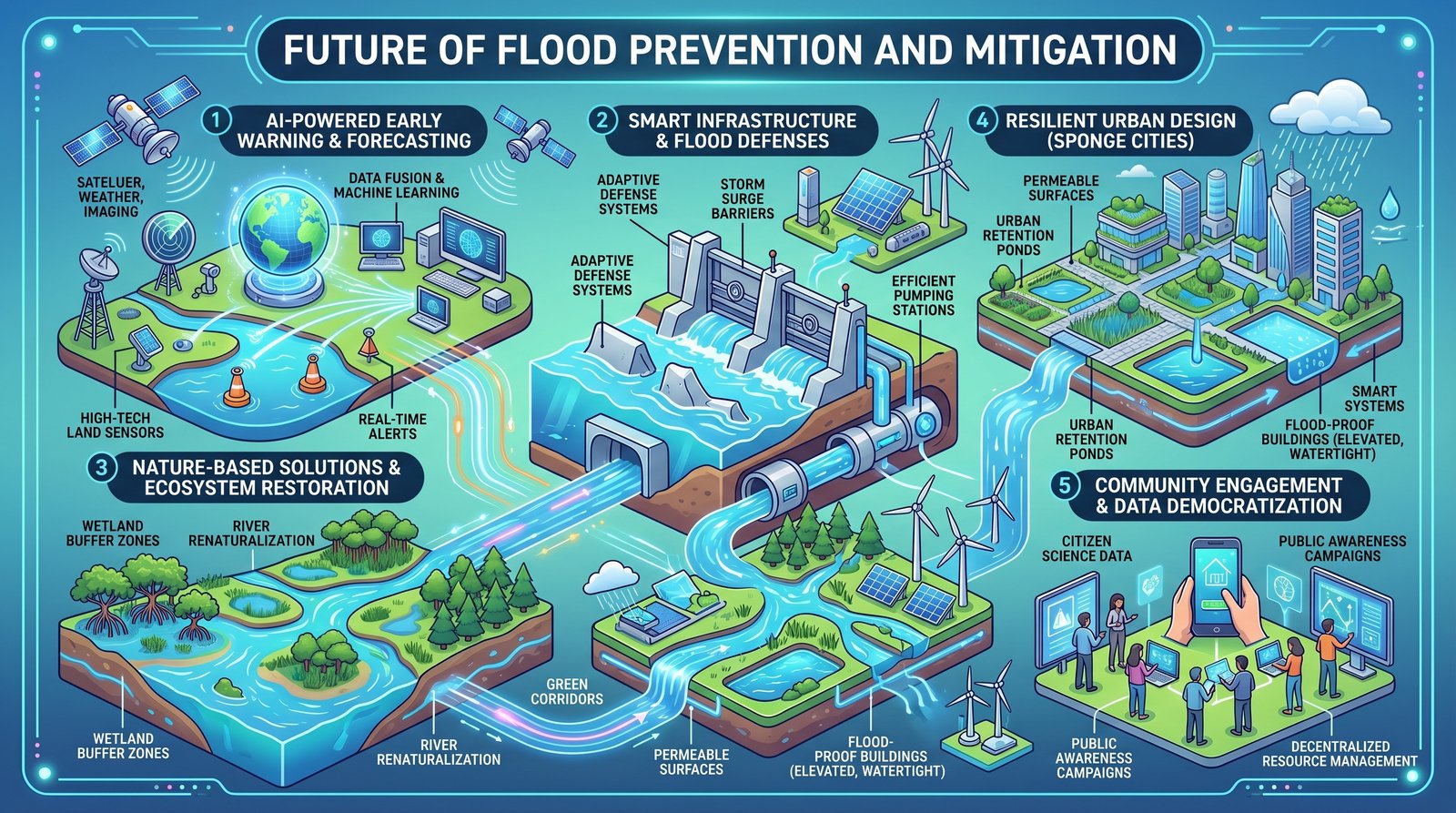 Infographic titled Future of Flood Prevention and Mitigation, in teal and blue: five linked strategies—(1) AI-powered early warning and forecasting with satellites, radar, land sensors, real-time alerts, and data fusion; (2) smart infrastructure and flood defences including adaptive systems, storm surge barriers, and pumping stations with renewable power; (3) nature-based solutions with wetland buffers, river renaturalization, and green corridors; (4) resilient sponge-city design with permeable surfaces, retention ponds, and flood-proof elevated buildings; (5) community engagement with citizen science, awareness campaigns, and decentralized resource management.
