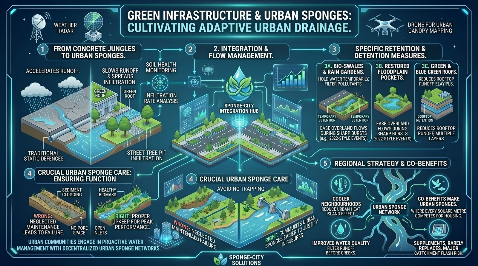 Infographic: green infrastructure and sponge-city style slowing of runoff. Click to view full size.