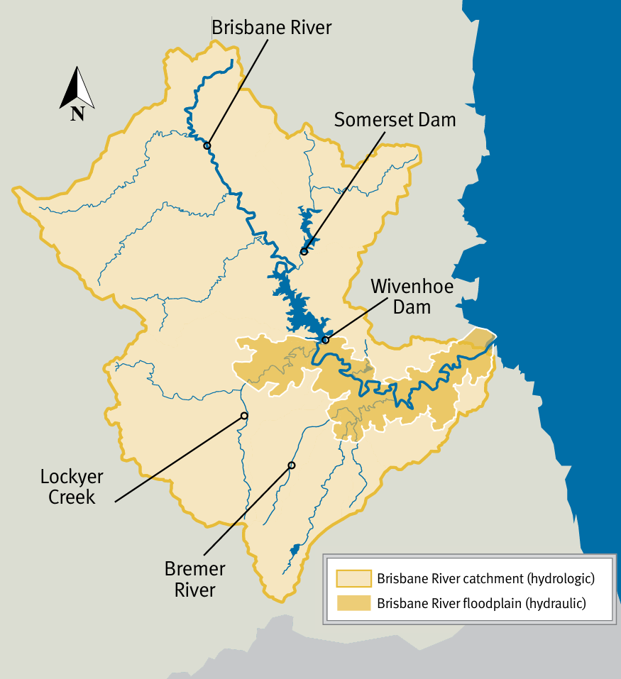 Map of the Brisbane River system: hydrologic catchment and hydraulic floodplain, main stem, Somerset and Wivenhoe dams, and tributaries including Lockyer Creek and the Bremer River