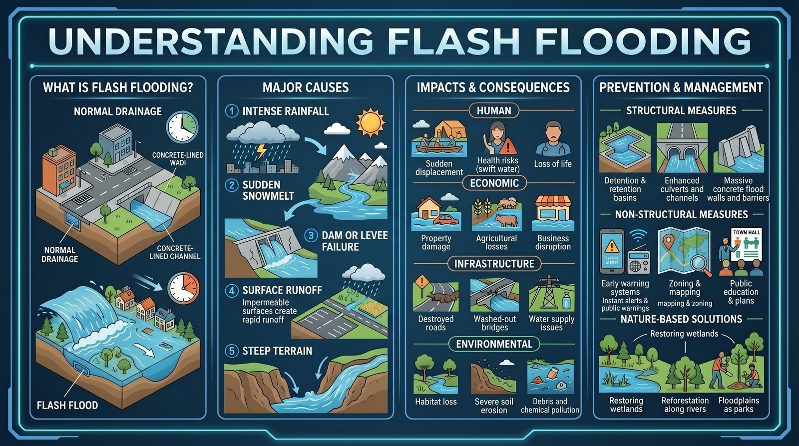 Infographic demonstrating flash flooding and overland flow