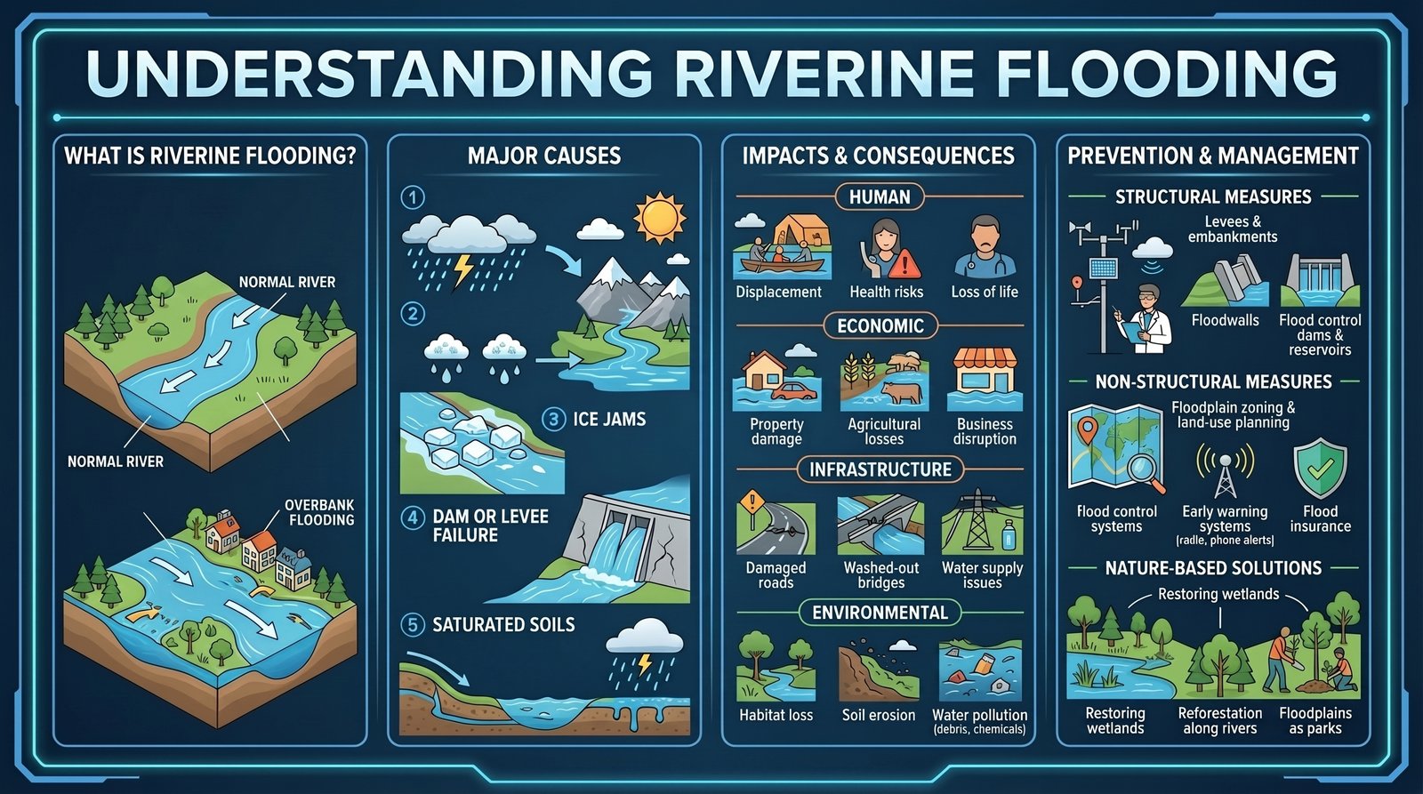 Infographic demonstrating riverine flooding mechanisms