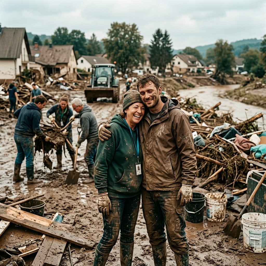 Volunteers cleaning up flood mud