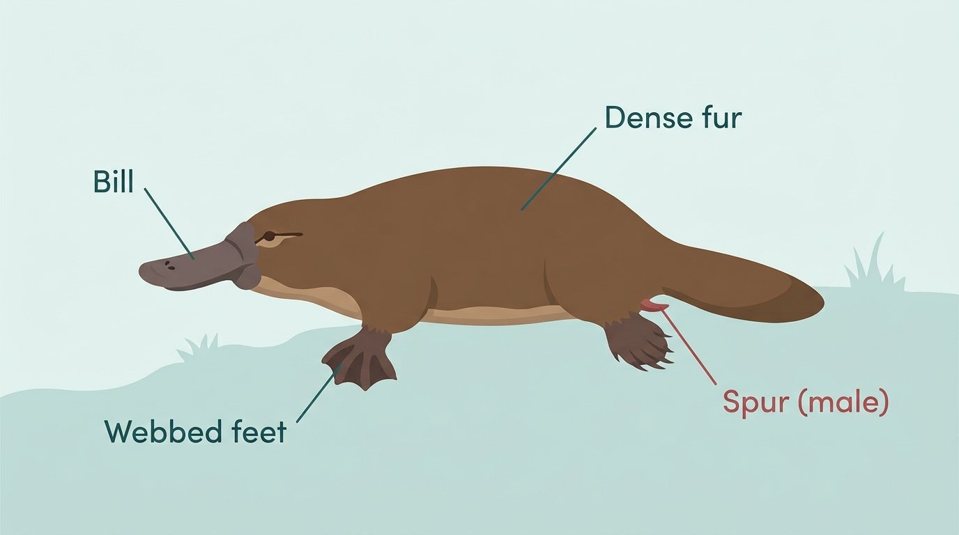 Labelled diagram of a platypus showing bill, dense fur, webbed feet, and spur on the male hind leg.