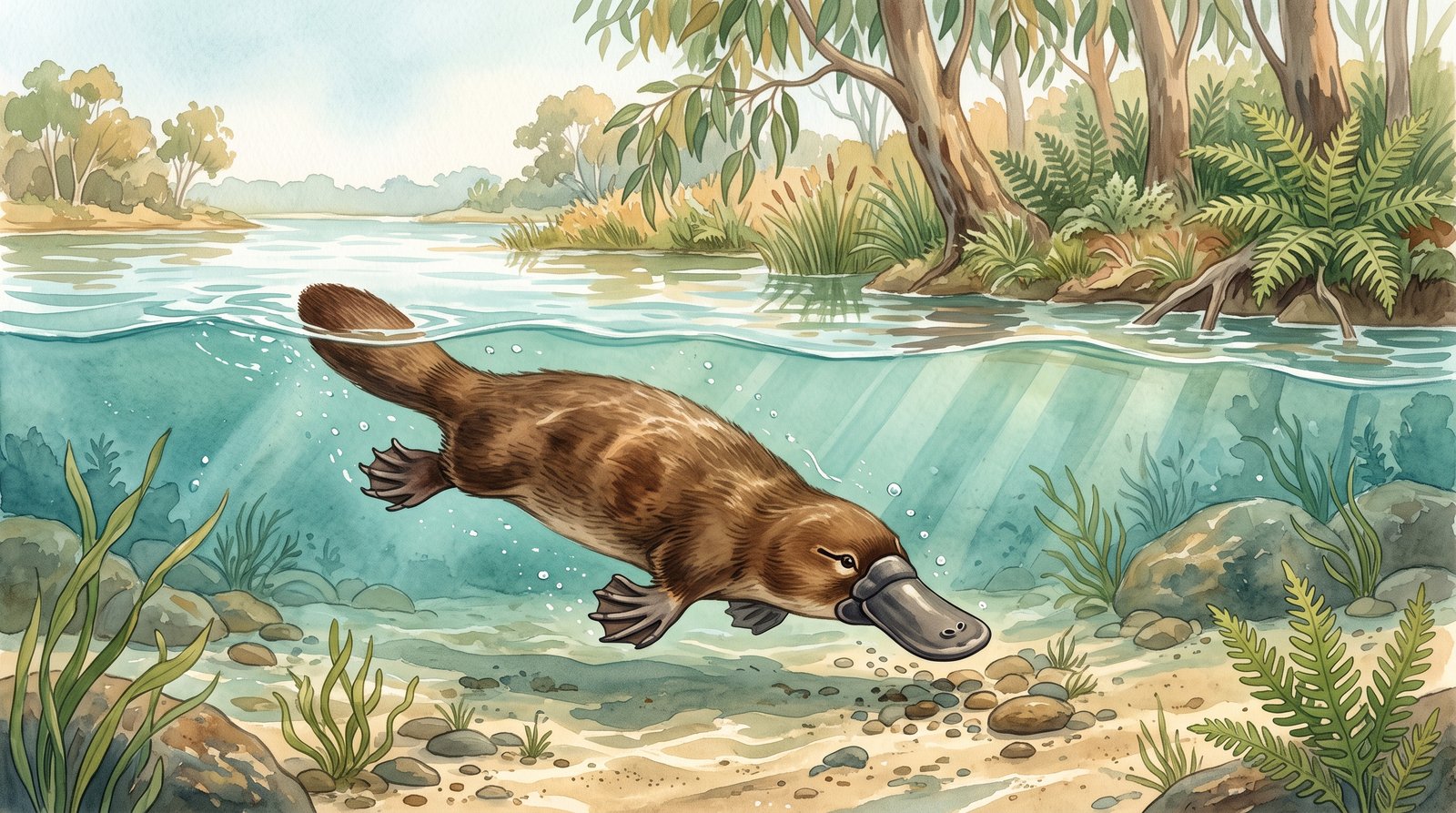 A platypus swimming in a clear Australian creek beside riverbank vegetation.