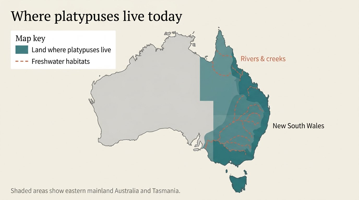 Map of Australia showing shaded areas in eastern mainland and Tasmania where platypuses live, with rivers marked in the map key.