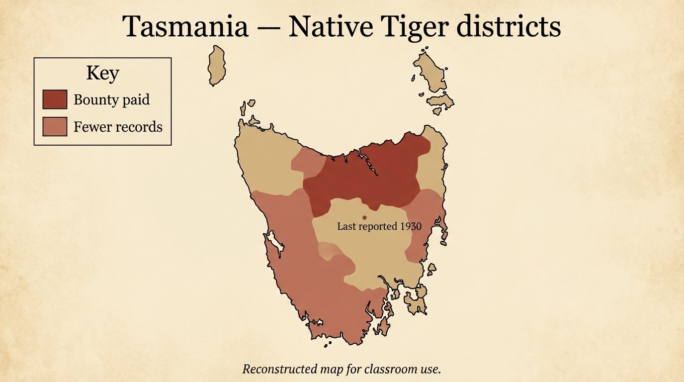 Map of Tasmania with shaded districts showing where bounties were paid for thylacines.