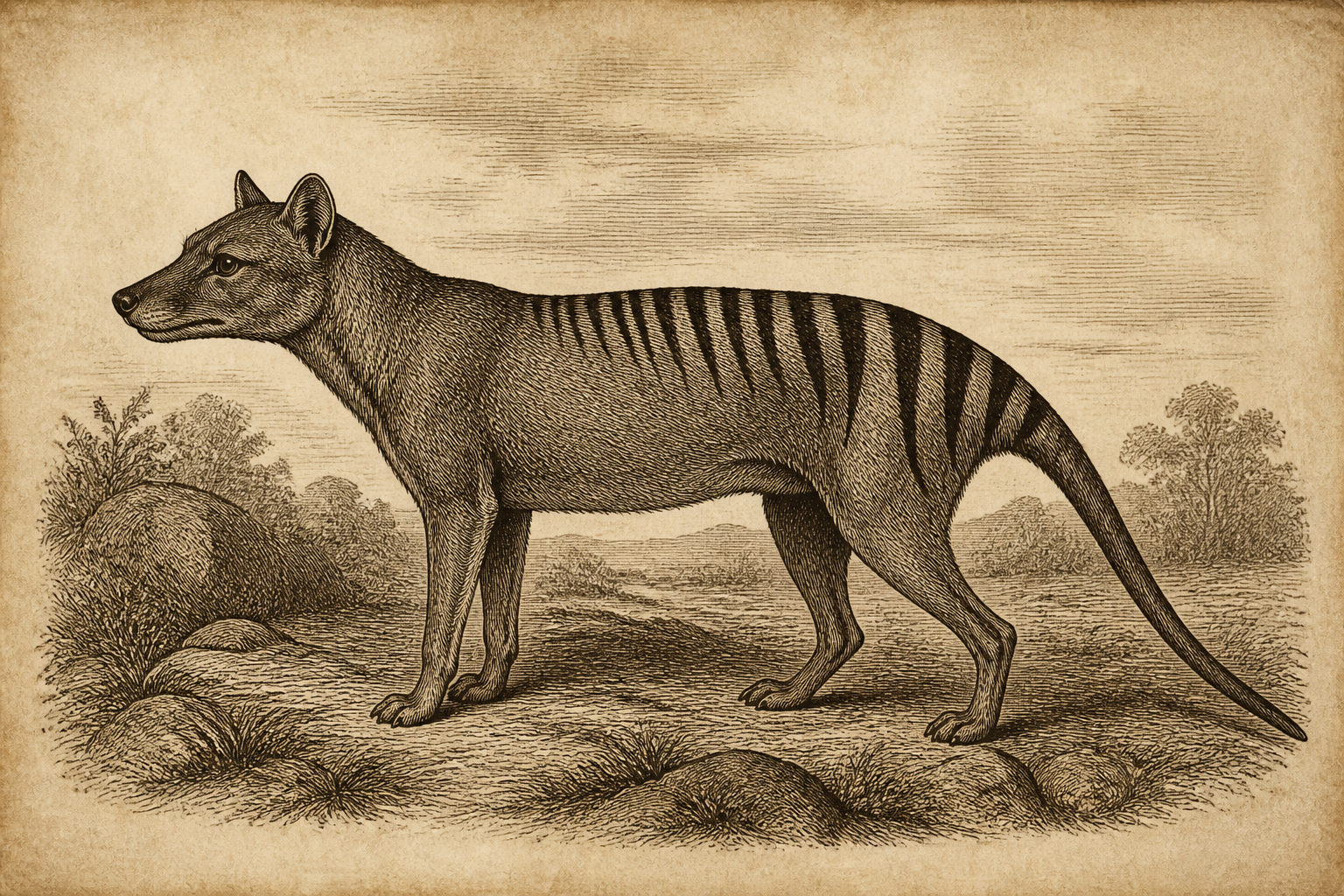Engraved illustration of a thylacine in profile, striped back visible.