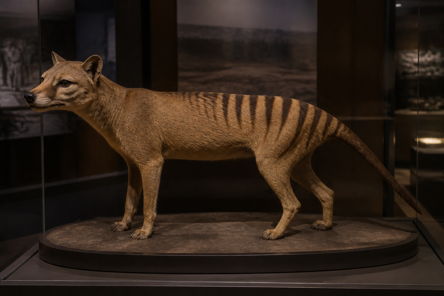 Taxidermy thylacine specimen displayed behind glass in a museum exhibit.