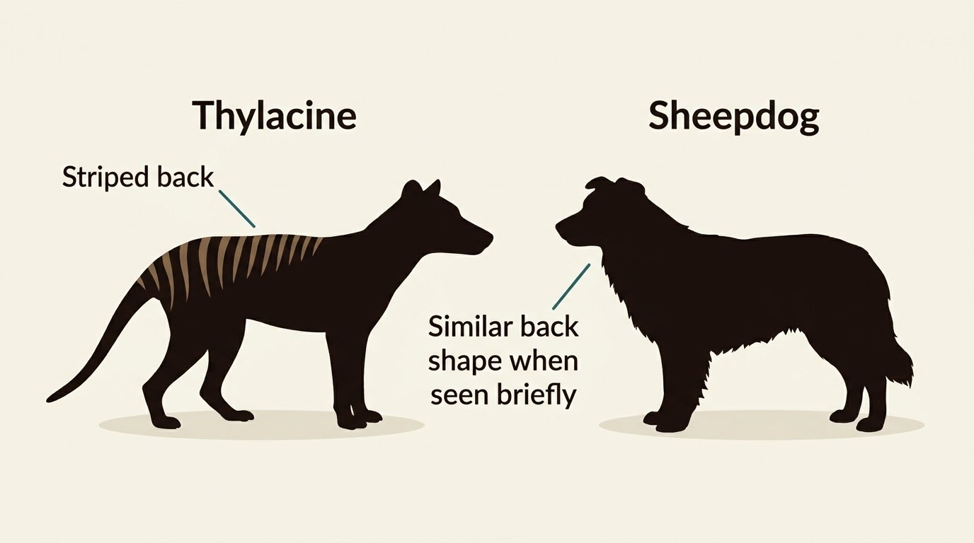 Comparison diagram of a thylacine and a sheepdog with labels explaining similar back shape when seen briefly.