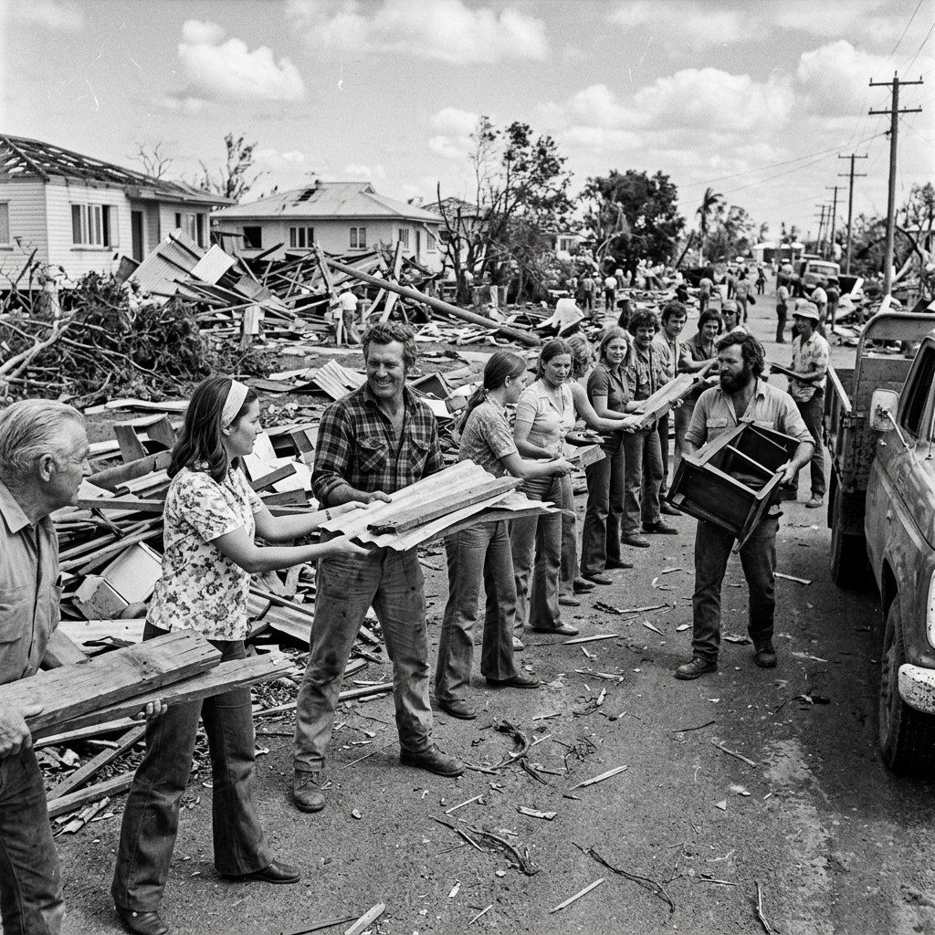 People in Townsville lined up along a street. They are picking up cyclone mess together in December 1971. They are helping each other fix things.