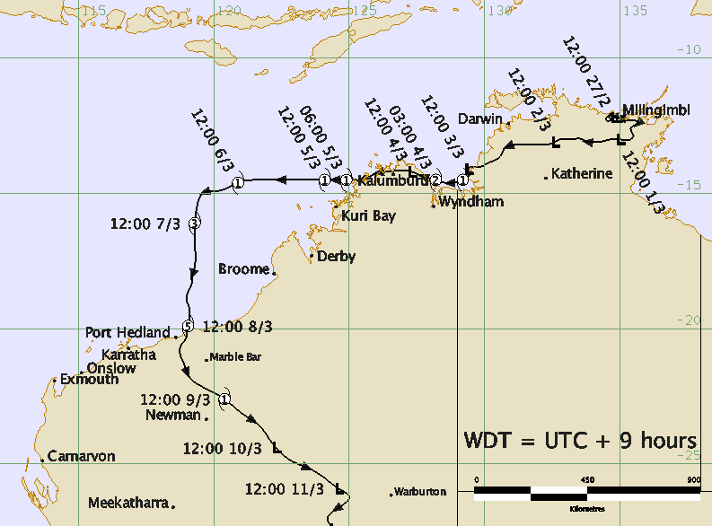A map from the weather people showing Cyclone George's path in 2007. It moved from the Northern Territory to where it hit the land in WA.
