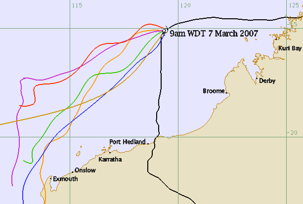 A map showing the paths predicted by many computers for Cyclone George before it hit land