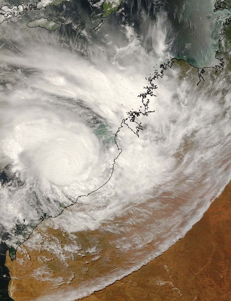 A photo of Cyclone George from space at 10:55 AM on 8 March 2007. You can see the clear hole in the middle (the eye) of the big Category 5 storm as it comes to the land near Port Hedland.