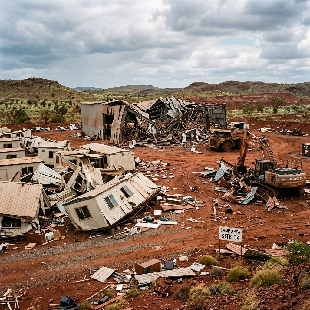 Photo of damage at a Western Australian Pilbara mine camp. Small huts flipped over and broken.