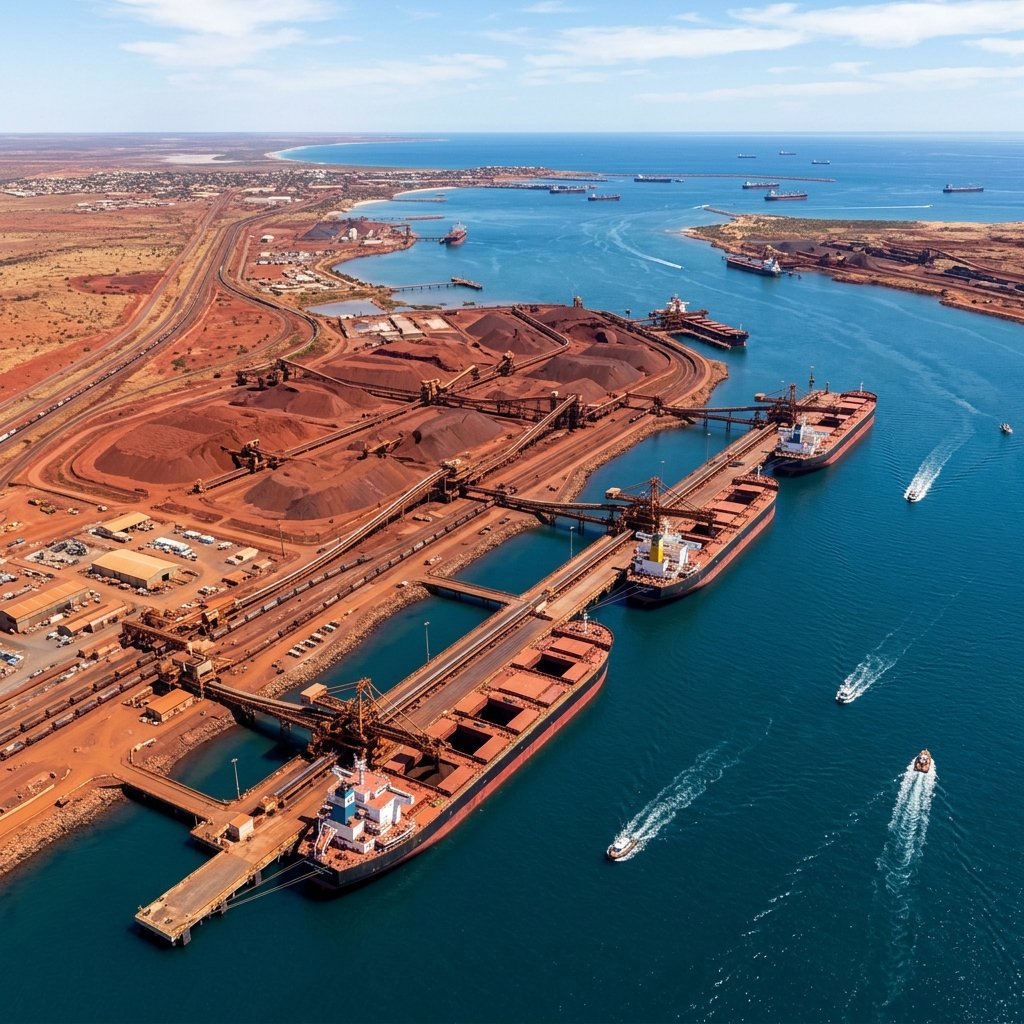 A photo from up high of the Port Hedland iron port in Western Australia. You can see huge piles of iron ore, long machines that carry it, and big ships.
