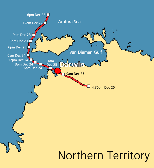 A map with lots of colours. It is called 'Cyclone Tracy's deadly path'. It shows the storm going from the sea to Darwin. The colours show how big the storm was.