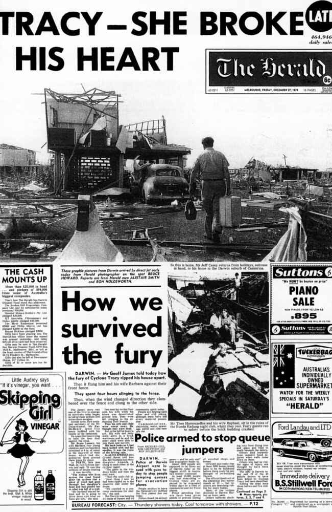 The front page of the Sun News-Pictorial newspaper on 27 December 1974. The big words say 'The Day Darwin Died'. It has the first photo of the broken city from the air. It also says the Prime Minister is flying home.