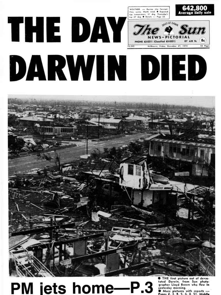 The front page of The Herald newspaper on 27 December 1974. The big words say 'Tracy — She Broke His Heart'. Smaller words say 'How we survived the fury'. There are photos of people being saved.