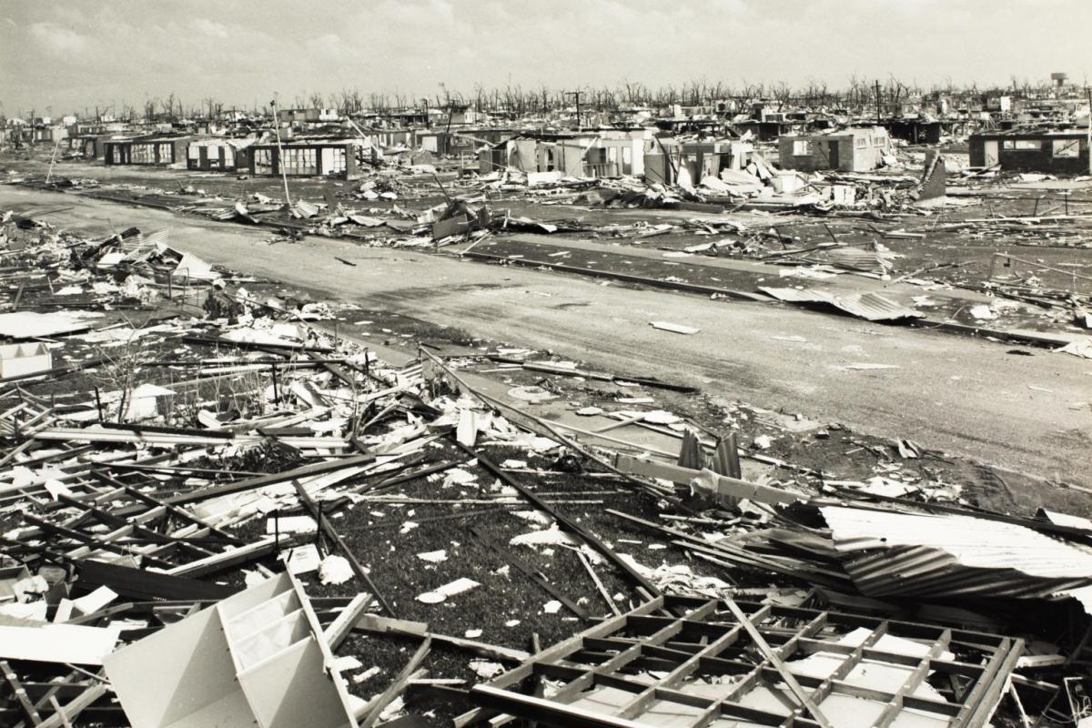 Cyclone Tracy damage. Houses in Darwin are flat on the ground.