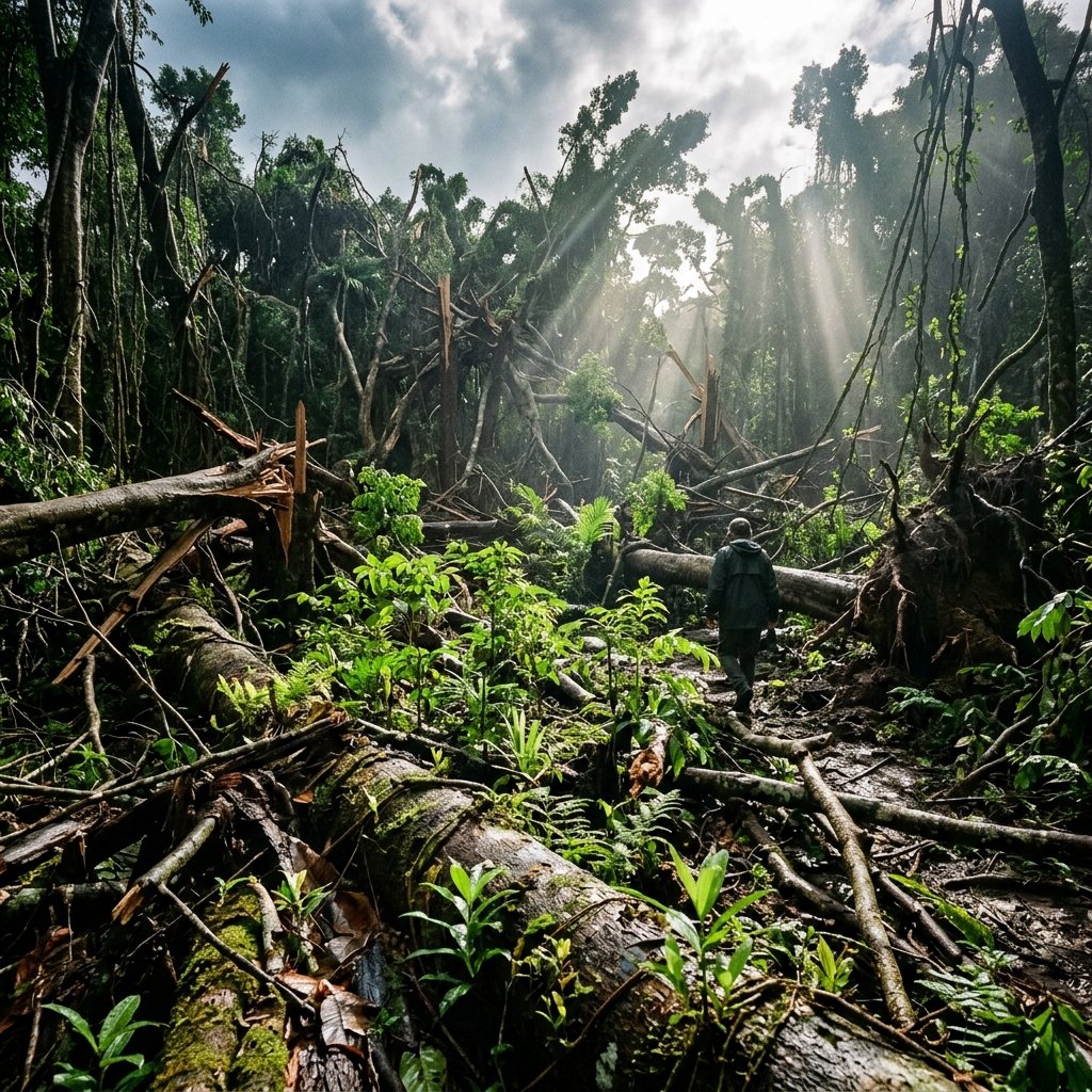 A broken rainforest after Cyclone Yasi — trees snapped, the tops of trees gone, small green plants growing back on the forest floor