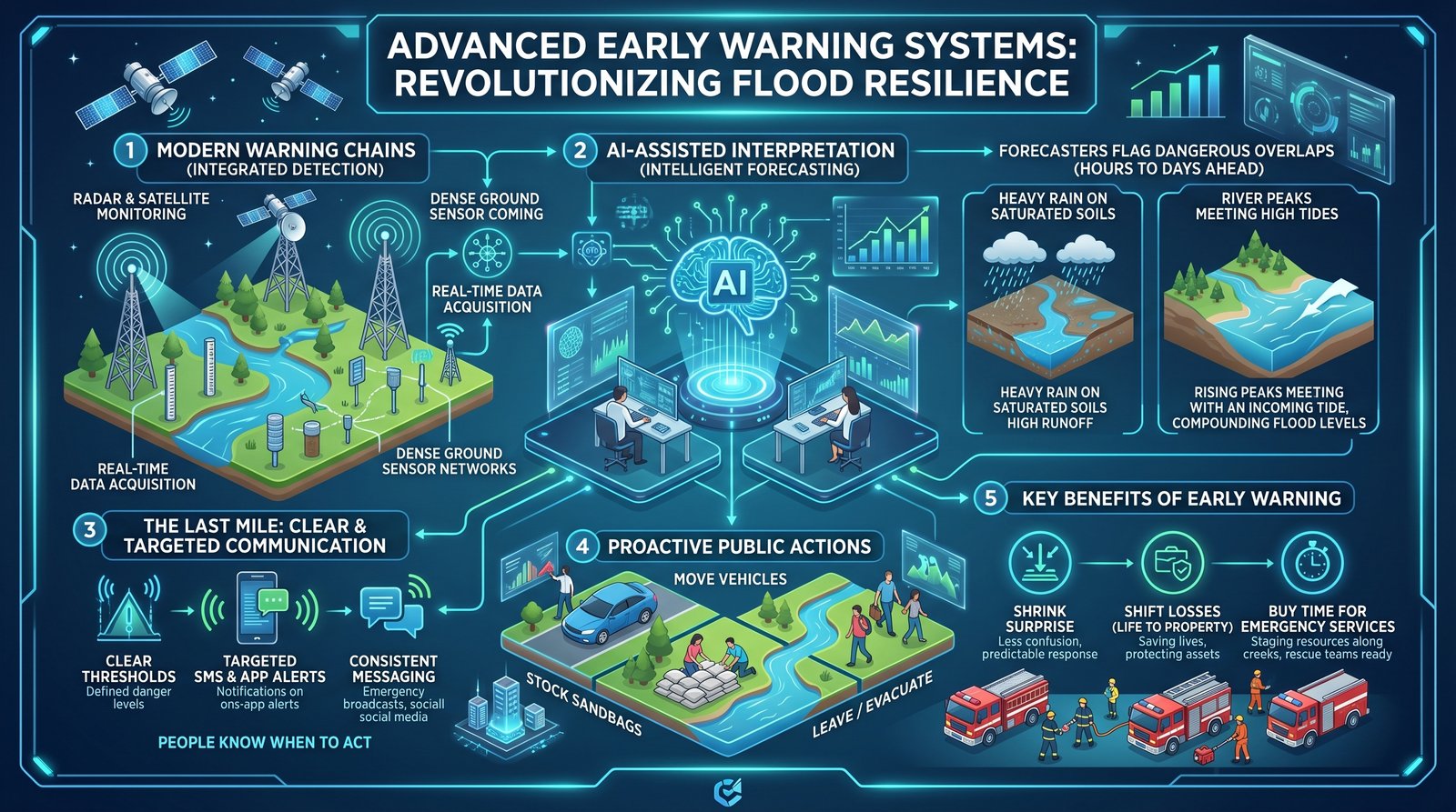 Infographic: early warning and forecasting for floods (satellites, sensors, alerts). Click to view full size.