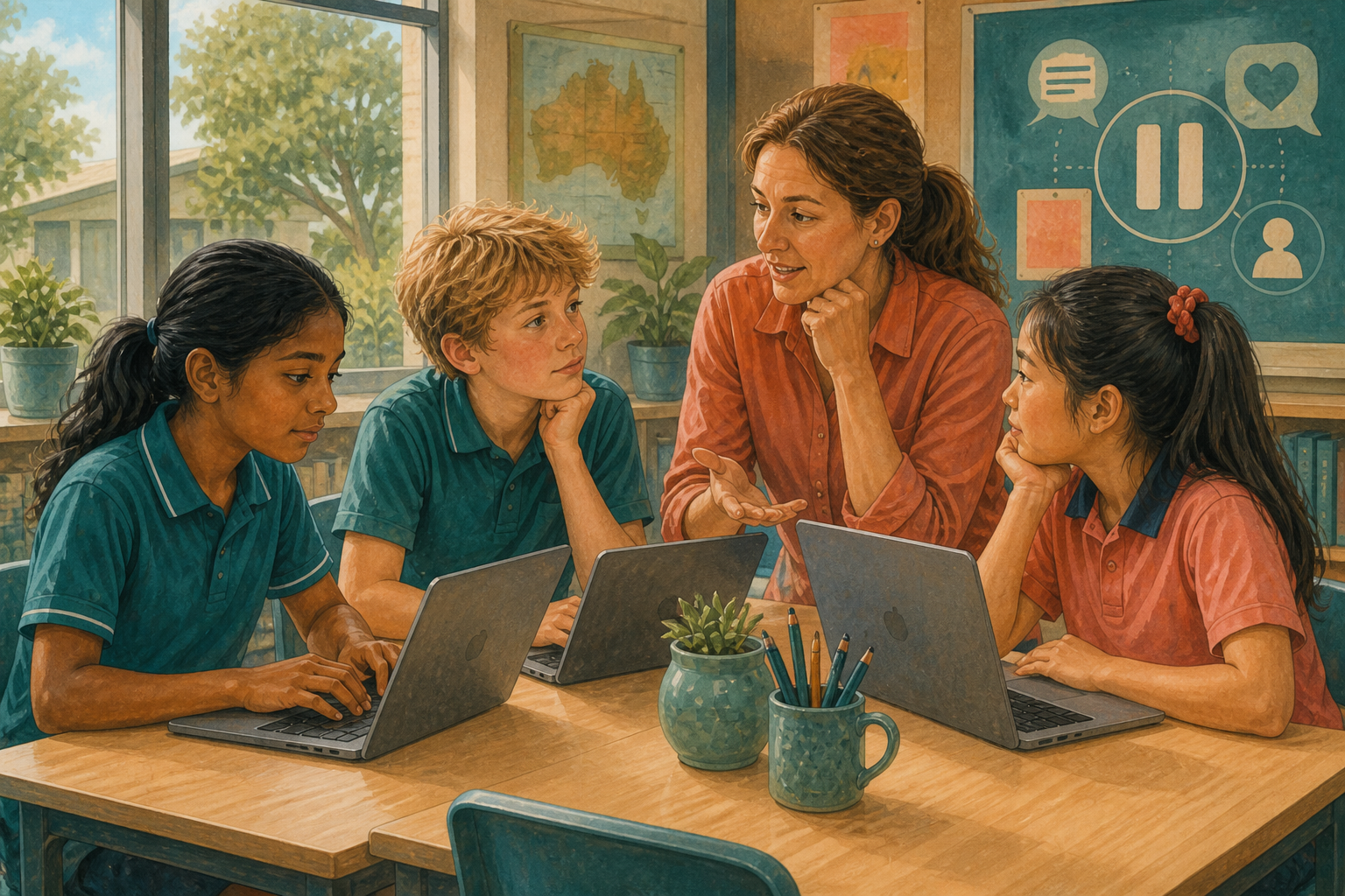 Illustrated students working on laptops while a teacher guides a discussion about respectful online behaviour.