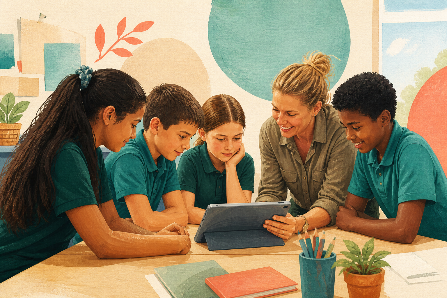 Students and a teacher discussing a tablet screen together in a classroom.