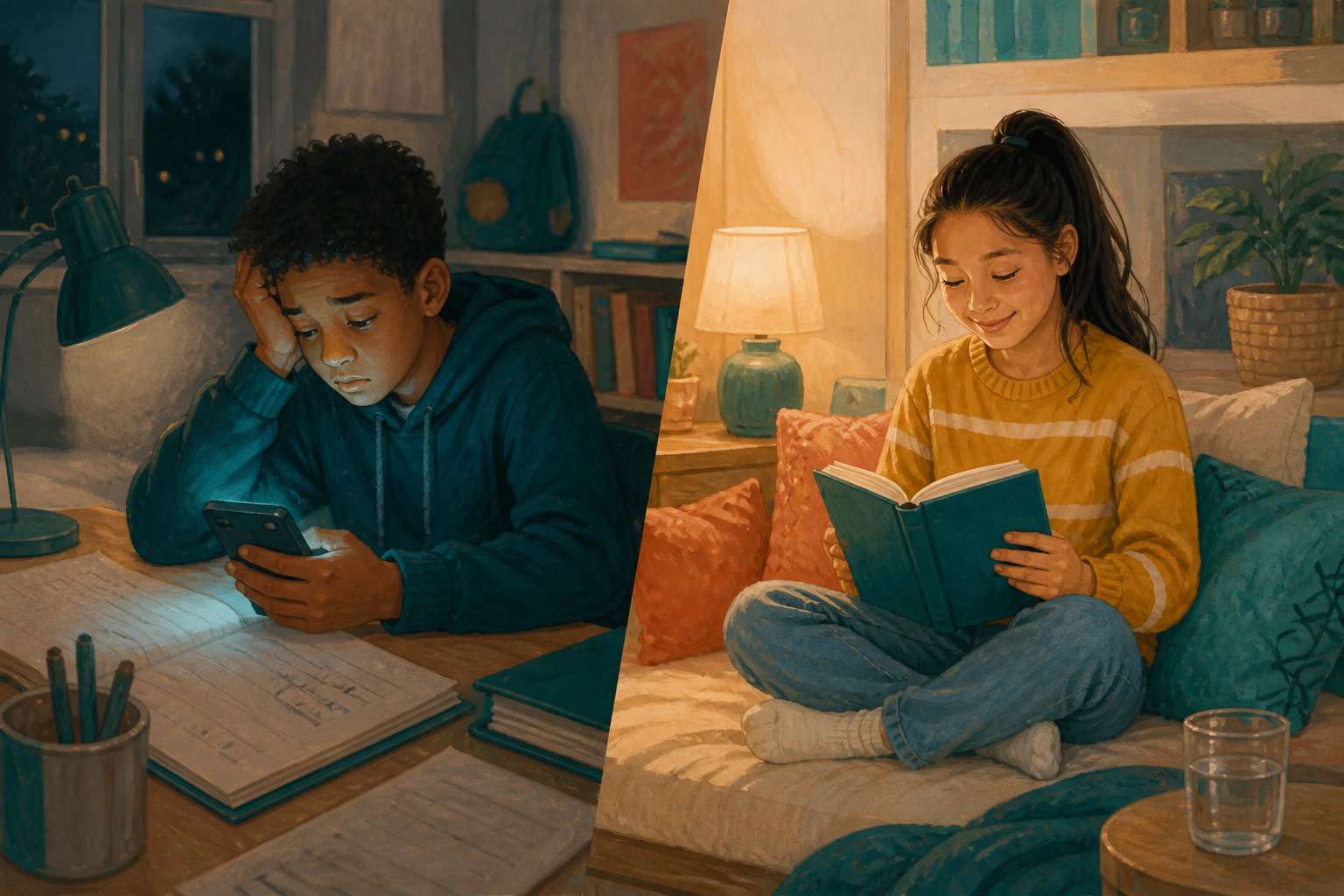 A student looking tired at a desk with a glowing phone beside homework, while another student reads peacefully without a device.