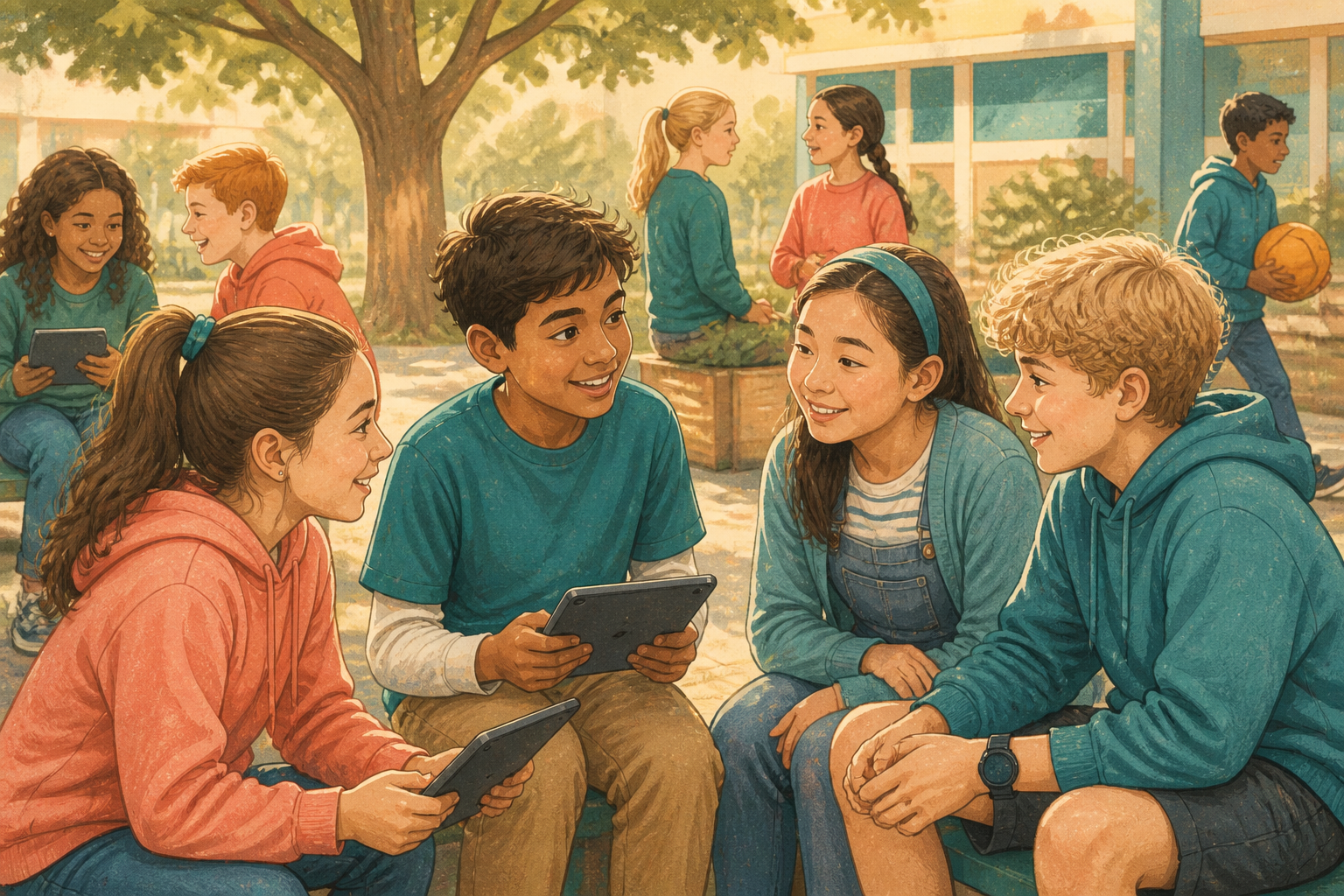 Students smiling and sharing photos on tablets during a break, with friends talking nearby.