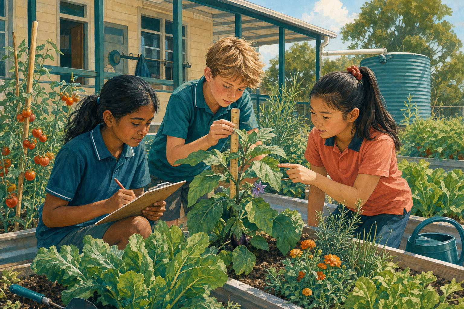 Illustrated students measuring a plant and recording observations in a school kitchen garden.