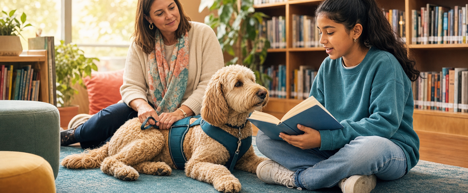 A student reading beside a calm dog and adult handler in a school library.
