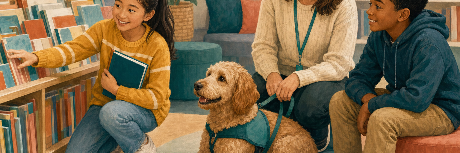 Students choosing books beside a trained dog and its handler in a library.